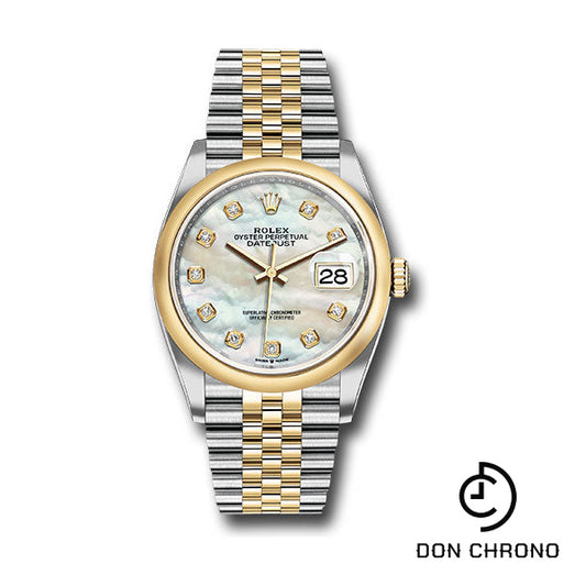 Rolex Steel and Yellow Gold Rolesor Datejust 36 Watch - Domed Bezel - White Mother-Of-Pearl Diamond Dial - Jubilee Bracelet - 126203 mdj