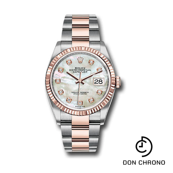 Rolex Steel and Everose Rolesor Datejust 36 Watch - Fluted Bezel - White Mother-Of-Pearl Diamond Dial - Oyster Bracelet - 126231 mdo