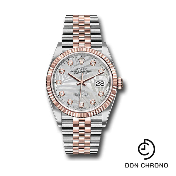 Rolex Everose Rolesor Datejust 36 Watch - Fluted Bezel - Silver Palm Motif Diamond Dial - Jubilee Bracelet - 126231 spmdj