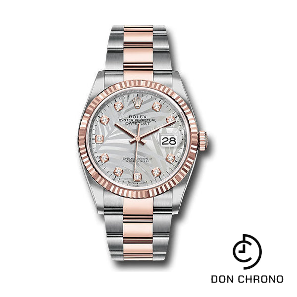 Rolex Everose Rolesor Datejust 36 Watch - Fluted Bezel - Silver Palm Motif Diamond Dial - Oyster Bracelet - 126231 spmdo