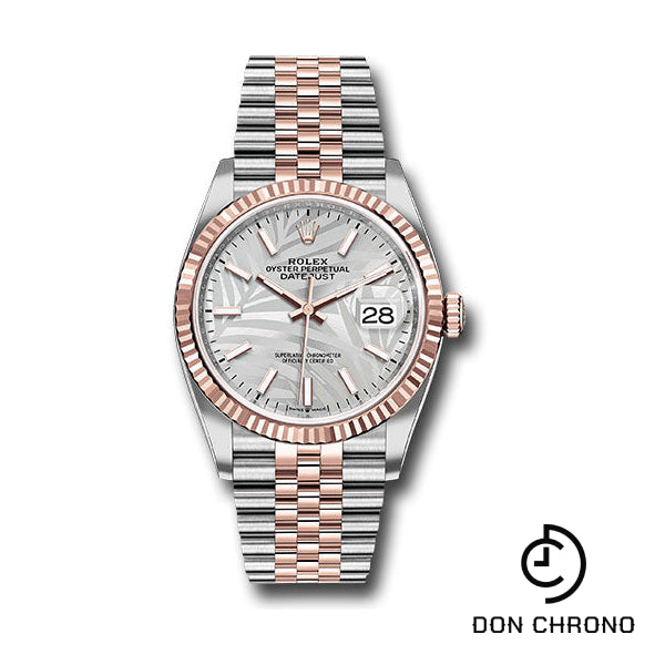 Rolex Everose Rolesor Datejust 36 Watch - Fluted Bezel - Silver Palm Motif Index Dial - Jubilee Bracelet - 126231 spmij