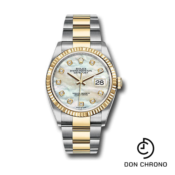 Rolex Steel and Yellow Gold Rolesor Datejust 36 Watch - Fluted Bezel - White Mother-Of-Pearl Diamond Dial - Oyster Bracelet - 126233 mdo