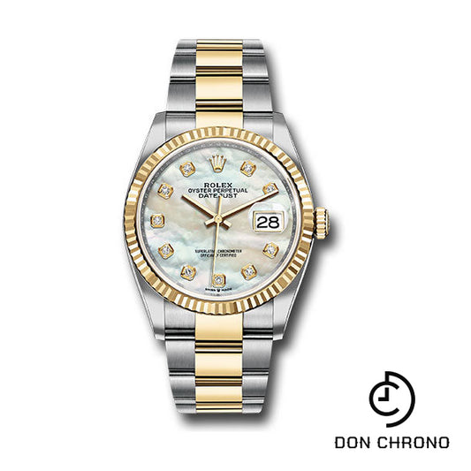 Rolex Steel and Yellow Gold Rolesor Datejust 36 Watch - Fluted Bezel - White Mother-Of-Pearl Diamond Dial - Oyster Bracelet - 126233 mdo