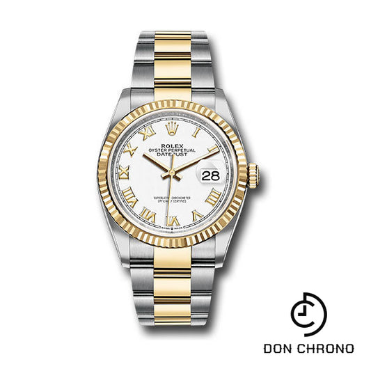 Rolex Steel and Yellow Gold Rolesor Datejust 36 Watch - Fluted Bezel - White Roman Dial - Oyster Bracelet - 126233 wro