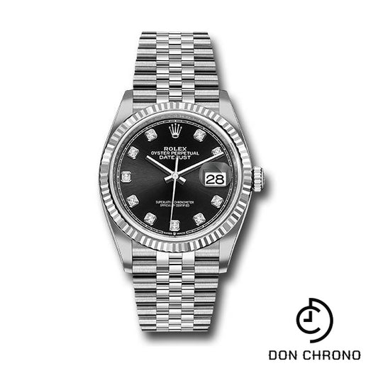 Rolex Steel Datejust 36 Watch - Fluted Bezel - Black Diamond Dial - Jubilee Bracelet - 126234 bkdj