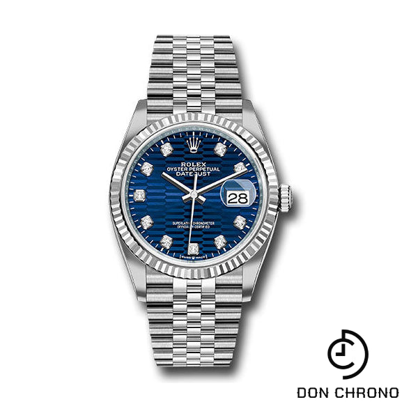 Rolex White Rolesor Datejust 36 Watch - Fluted Bezel - Bright Blue Fluted Motif Diamond Dial - Jubilee Bracelet - 126234 blflmdj