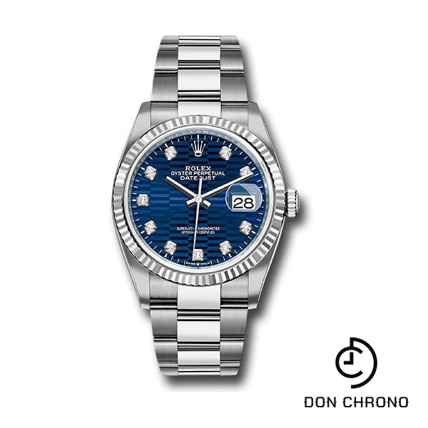 Rolex White Rolesor Datejust 36 Watch - Fluted Bezel - Bright Blue Fluted Motif Diamond Dial - Oyster Bracelet - 126234 blflmdo