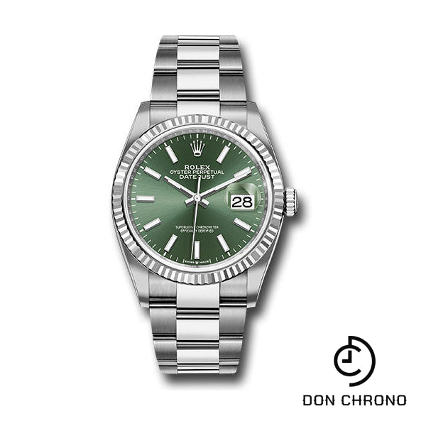 Rolex White Rolesor Datejust 36 Watch - Fluted Bezel - Mint Green Index Dial - Oyster Bracelet - 126234 mgio