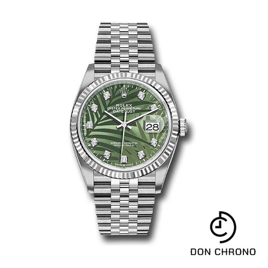 Rolex White Rolesor Datejust 36 Watch - Fluted Bezel - Olive Green Palm Motif Diamond 6 Dial - Jubilee Bracelet - 126234 ogpmdj