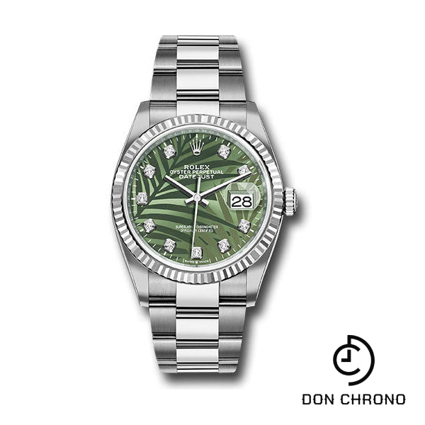 Rolex White Rolesor Datejust 36 Watch - Fluted Bezel - Olive Green Palm Motif Diamond 6 Dial - Oyster Bracelet - 126234 ogpmdo