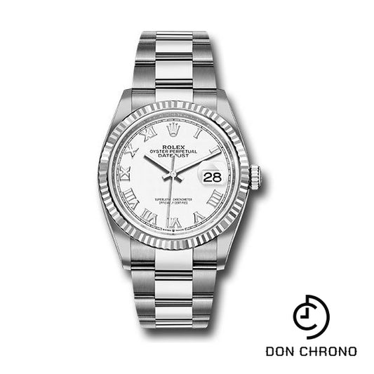 Rolex Steel Datejust 36 Watch - Fluted Bezel - White Roman Dial - Oyster Bracelet - 126234 wro