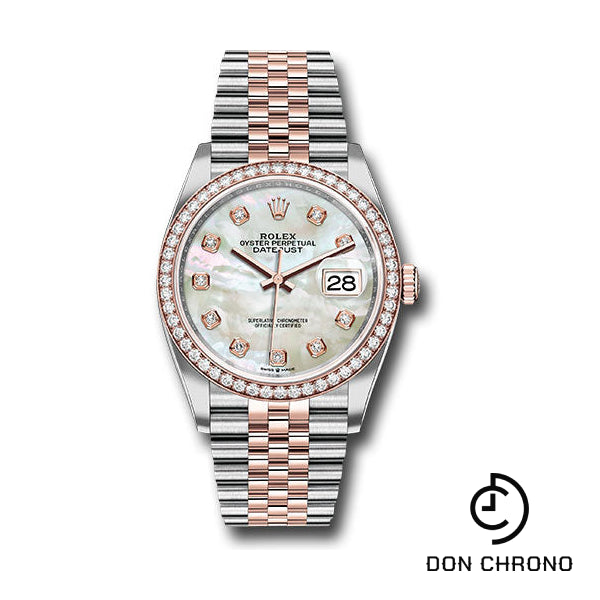 Rolex Steel and Everose Rolesor Datejust 36 Watch - Diamond Bezel - White Mother-Of-Pearl Diamond Dial - Jubilee Bracelet - 126281RBR mdj