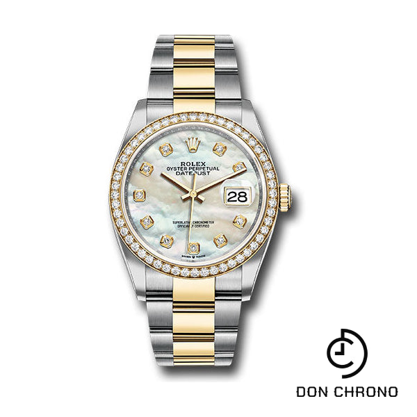 Rolex Steel and Yellow Gold Rolesor Datejust 36 Watch - Diamond Bezel - White Mother-Of-Pearl Diamond Dial - Oyster Bracelet - 126283RBR mdo