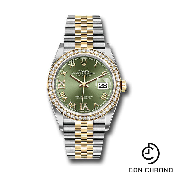 Rolex Steel and Yellow Gold Rolesor Datejust 36 Watch - Yellow Diamond Bezel - Olive Green Roman Dial - Jubilee Bracelet - 126283RBR ogdr69j