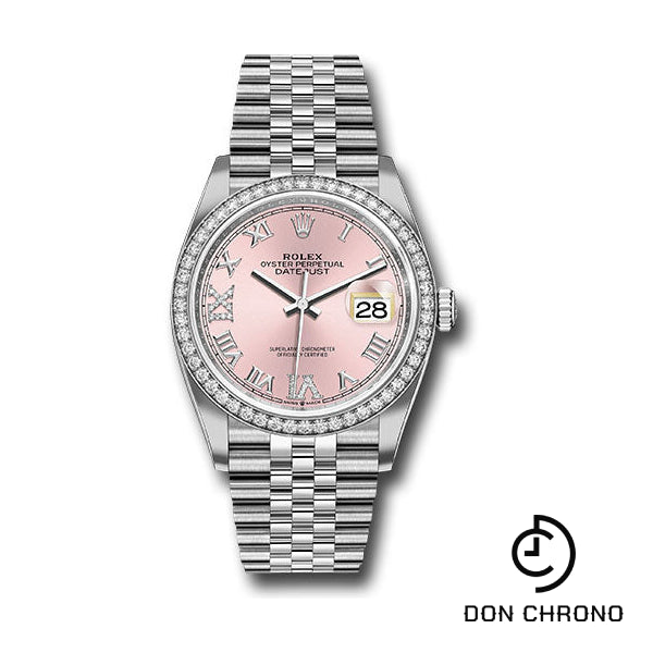 Rolex Steel Datejust 36 Watch - Diamond Bezel - Pink Diamond Roman VI and IX Dial - Jubilee Bracelet - 126284RBR pdr69j