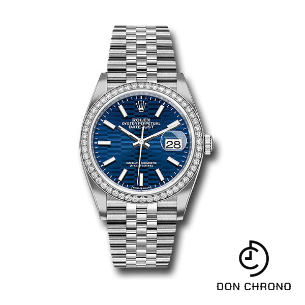 Rolex White Rolesor Datejust 36 Watch - Diamond Bezel - Bright Blue Fluted Motif Index Dial - Jubilee Bracelet - 126284rbr blflmij