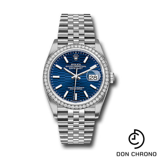 Rolex White Rolesor Datejust 36 Watch - Diamond Bezel - Bright Blue Fluted Motif Index Dial - Jubilee Bracelet - 126284rbr blflmij