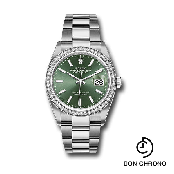 Rolex White Rolesor Datejust 36 Watch - Diamond Bezel - Mint Green Index Dial - Oyster Bracelet - 126284rbr mgio