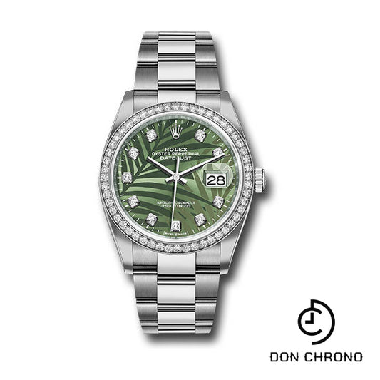 Rolex White Rolesor Datejust 36 Watch - Diamond Bezel - Olive Green Palm Motif Diamond 6 Dial - Oyster Bracelet - 126284rbr ogpmdo