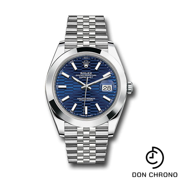 Rolex Oystersteel Datejust 41 Watch - Smooth Bezel - Bright Blue Fluted Motif Index Dial - Jubilee Bracelet - 126300 blflmij