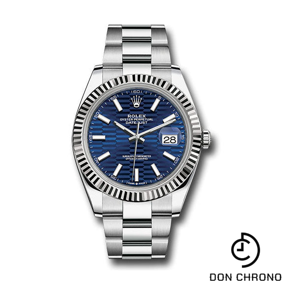 Rolex White Rolesor Datejust 41 Watch - Fluted Bezel - Bright Blue Fluted Motif Index Dial - Oyster Bracelet - 126334 blflmio