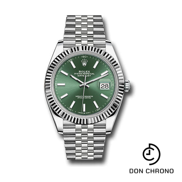 Rolex White Rolesor Datejust 41 Watch - Fluted Bezel - Mint Green Index Dial - Jubilee Bracelet - 126334 mgij