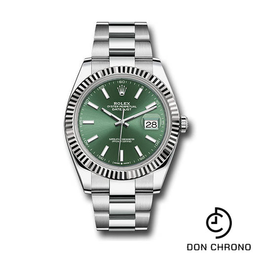Rolex White Rolesor Datejust 41 Watch - Fluted Bezel - Mint Green Index Dial - Oyster Bracelet - 126334 mgio