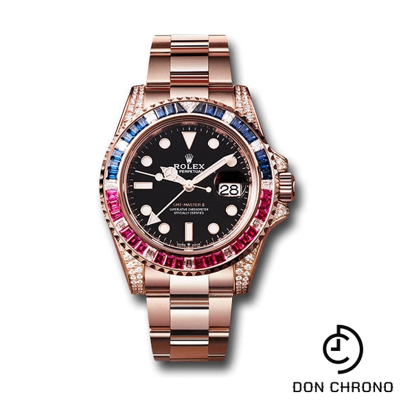 Rolex Everose GMT-Master II 40 Watch - Diamond Lugs - Diamond Sapphire Emerald Bezel - Black Dial - Oyster Bracelet - 126755SARU bk