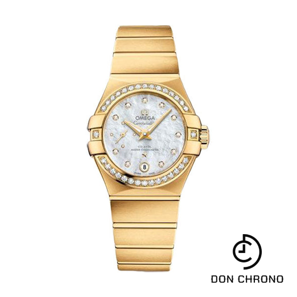 Omega Constellation Co-Axial Master CHRONOMETER Small Seconds Petite Seconde Watch - 27 mm Yellow Gold Case - White Mother-Of-Pearl Diamond Dial - 127.55.27.20.55.002