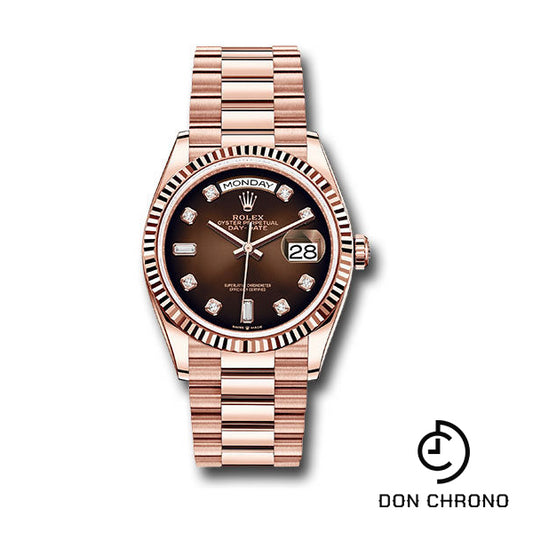 Rolex Everose Gold Day-Date 36 Watch - Fluted Bezel - Brown Ombre« Diamond Dial - President Bracelet - 128235 brodp