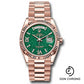 Rolex Everose Gold Day-Date 36 Watch - Fluted Bezel - Green Aventurine Diamond Index Roman 9 Dial - President Bracelet - 128235 gavdidrp