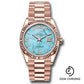 Rolex Everose Gold Day-Date 36 Watch - Fluted Bezel - Turquoise Diamond Index Roman 9 Dial - President Bracelet - 128235 tdidrp