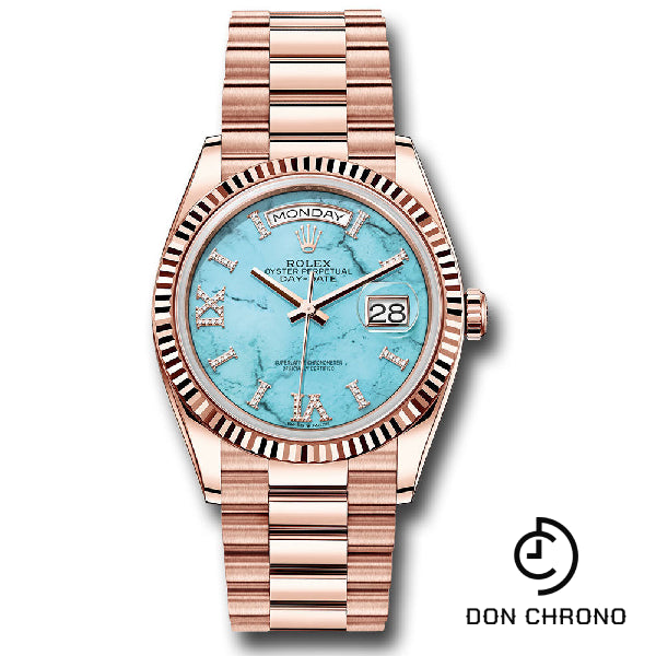 Rolex Everose Gold Day-Date 36 Watch - Fluted Bezel - Turquoise Diamond Index Roman 9 Dial - President Bracelet - 128235 tdidrp