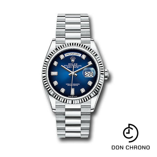 Rolex Platinum Day-Date 36 Watch - Fluted Bezel - Blue OmbrŽ Diamond Dial - President Bracelet - 128236 blodp