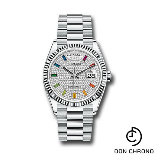 Rolex Platinum Day-Date 36 Watch - Fluted Bezel - Diamond-Paved Dial - President Bracelet - 128236 dprsp