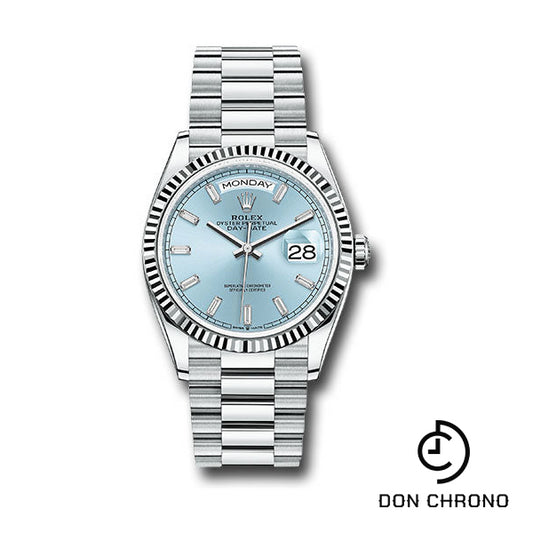 Rolex Platinum Day-Date 36 Watch - Fluted Bezel - Ice Blue Dial - President Bracelet - 128236 ibbdp