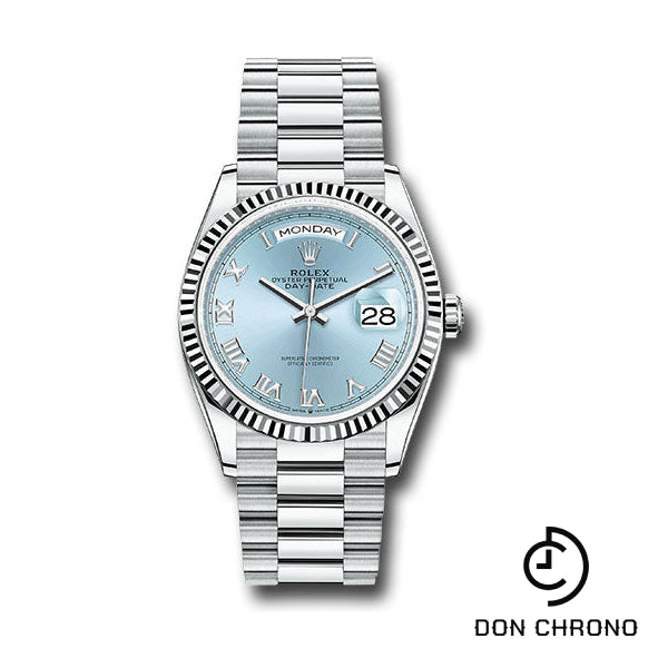 Rolex Platinum Day-Date 36 Watch - Fluted Bezel - Ice Blue Roman Dial - President Bracelet - 128236 ibrp