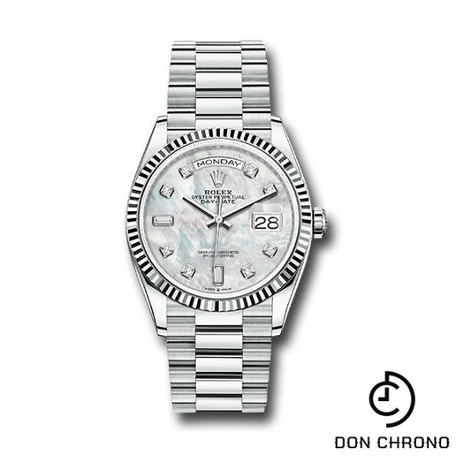 Rolex Platinum Day-Date 36 Watch - Fluted Bezel - White Mother-Of-Pearl Diamond Dial - President Bracelet - 128236 mdp