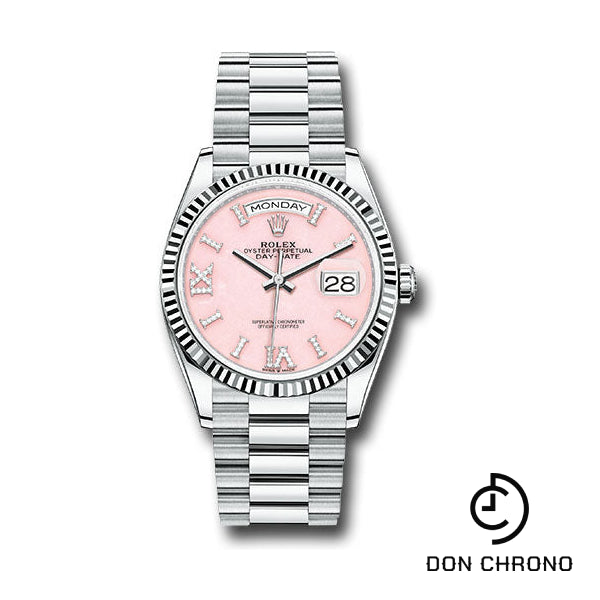 Rolex Platinum Day-Date 36 Watch - Fluted Bezel - Pink Opal Diamond Index Roman 9 Dial - President Bracelet - 128236 podidrp