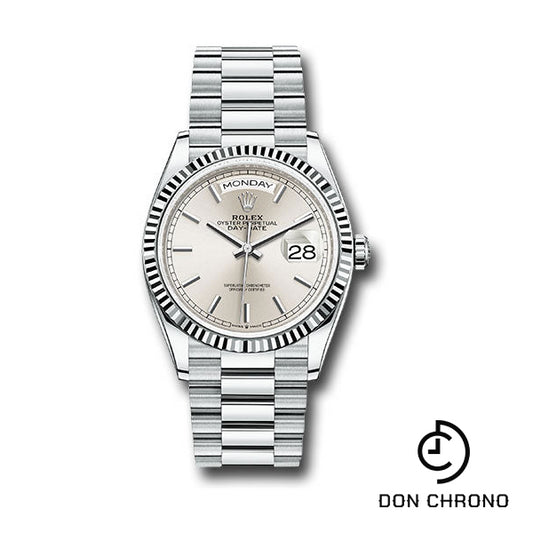 Rolex Platinum Day-Date 36 Watch - Fluted Bezel - Silver Index Dial - President Bracelet - 128236 sip