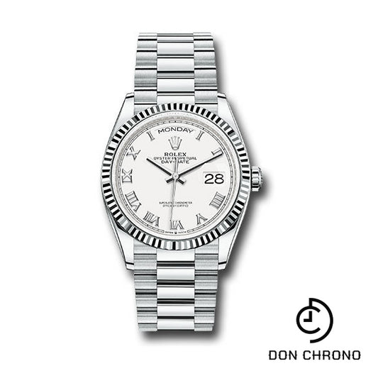 Rolex Platinum Day-Date 36 Watch - Fluted Bezel - White Roman Dial - President Bracelet - 128236 wrp