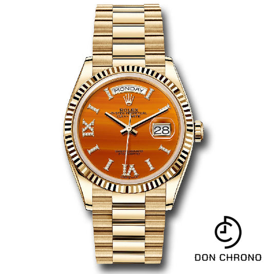 Rolex Yellow Gold Day-Date 36 Watch - Fluted Bezel - Carnelian Diamond Index Roman 9 Dial - President Bracelet - 128238 cardidrp