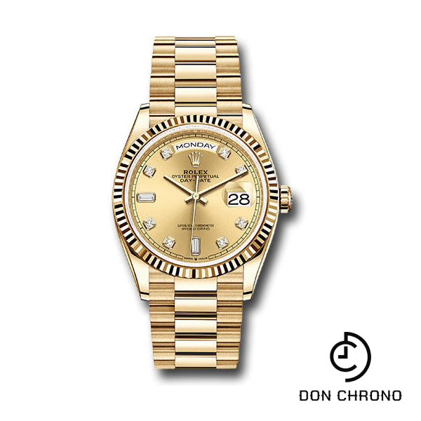 Rolex Yellow Gold Day-Date 36 Watch - Fluted Bezel - Champagne Diamond Dial - President Bracelet - 128238 chdp