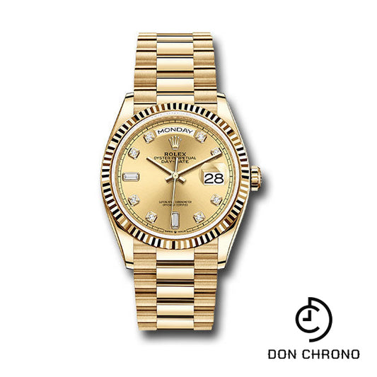 Rolex Yellow Gold Day-Date 36 Watch - Fluted Bezel - Champagne Diamond Dial - President Bracelet - 128238 chdp