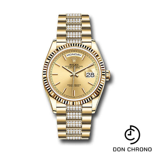 Rolex Yellow Gold Day-Date 36 Watch - Fluted Bezel - Champagne Index Dial - Diamond President Bracelet - 128238 chidp
