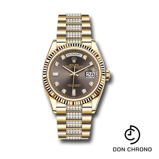 Rolex Yellow Gold Day-Date 36 Watch - Fluted Bezel - Dark Grey Diamond Dial - Diamond President Bracelet - 128238 dkgrddp