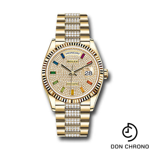 Rolex Yellow Gold Day-Date 36 Watch - Fluted Bezel - Diamond-Paved Dial - Diamond President Bracelet - 128238 dprsdp