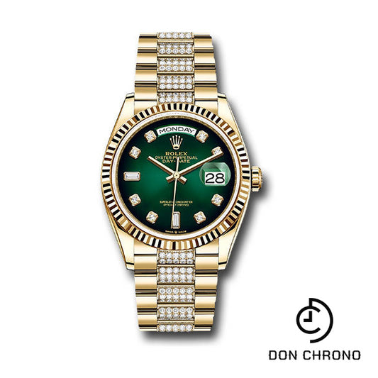 Rolex Yellow Gold Day-Date 36 Watch - Fluted Bezel - Green OmbrŽ Diamond Dial - Diamond President Bracelet - 128238 groddp