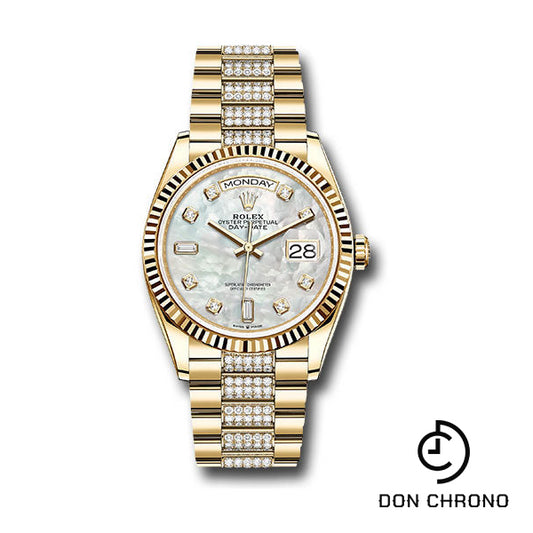 Rolex Yellow Gold Day-Date 36 Watch - Fluted Bezel - White Mother-Of-Pearl Diamond Dial - Diamond President Bracelet - 128238 mddp