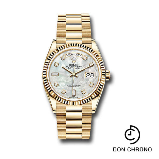 Rolex Yellow Gold Day-Date 36 Watch - Fluted Bezel - Mother-of-Pearl Diamond Dial - President Bracelet - 128238 mdp